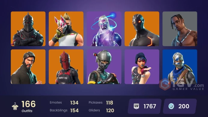 FA / 135 SKINS / BLACK KNIGHT / GALAXY / TRAVIS SCOTT / SPARKLE SPECIALIST / THE REAPER / FLOSS / ROYALE KNIGHT / TAKE THE L