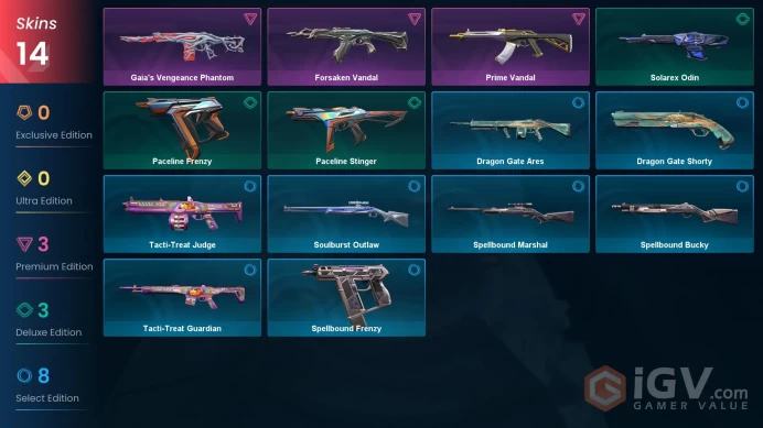 EU 14 skins | Prime Vandal | Gaia's Vengeance Phantom | Forsaken Vandal | Soulburst Outlaw | Solarex Odin | Paceline Frenzy | V0584