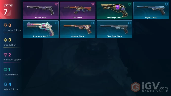 EU 7 skins | Oni Vandal | Reaver Ghost | Sandswept Sheriff | Digihex Ghost | Fiber Optic Ghost | Retrowave Sheriff | Celestia Ghost | V0590