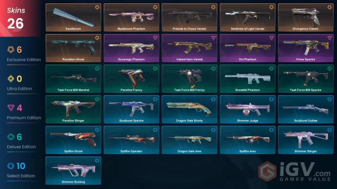 NA 26 skins | Mystbloom Phantom | Prelude to Chaos Vandal | Equilibrium | Sentinels of Light Vandal | Valiant Hero Vandal | Oni Phantom | V0592
