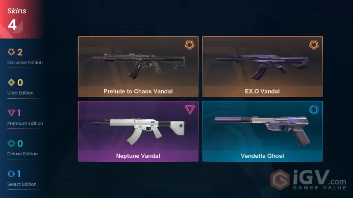 EU 4 skins | EX.O Vandal | Prelude to Chaos Vandal | Neptune Vandal | Vendetta Ghost | V0545