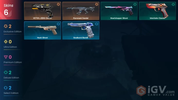 LA | 6 skins | Kuronami Vandal | VCT26 x EDG Classic | Interhelm Classic | Heartstopper Ghost | Soulburst Bandit | Hush Ghost | X3835