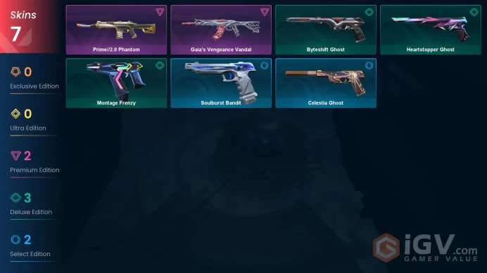 EU | 7 skins | Prime//2.0 Phantom | Gaia's Vengeance Vandal | Montage Frenzy | Byteshift Ghost | Heartstopper Ghost | Soulburst Bandit | O4159