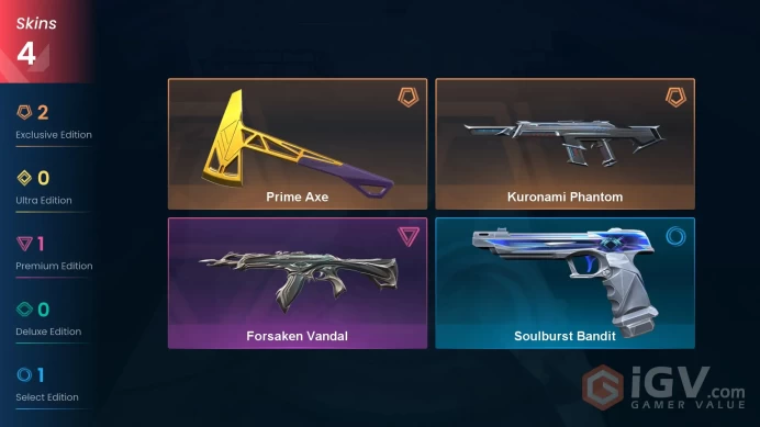 EU | 4 skins | Prime Axe | Forsaken Vandal | Kuronami Phantom | Soulburst Bandit | H2251