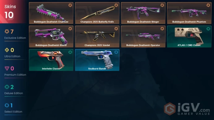LATAM 10 skins | Champions 2025 Vandal | Champions 2025 Butterfly Knife | Bubblegum Deathwish Chainsaw | Bubblegum Deathwish Phantom | V0596