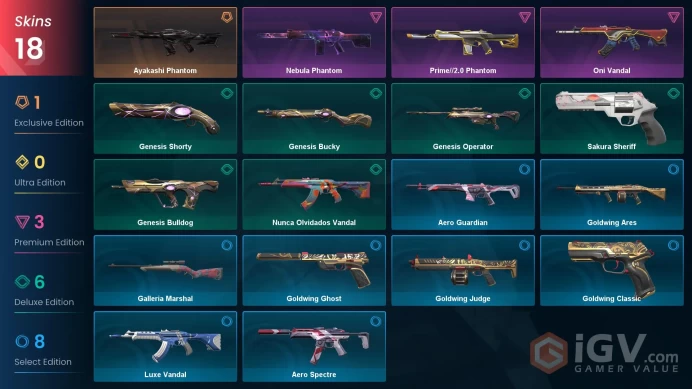NA | 18 skins | Ayakashi Phantom | Prime//2.0 Phantom | Oni Vandal | Nebula Phantom | Genesis Bucky | Genesis Operator | Genesis Bulldog | T4384