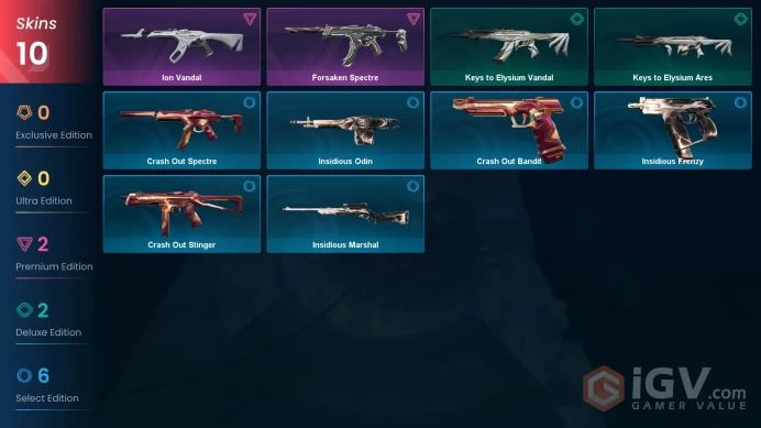 EU | 9 skins | Ion Vandal | Forsaken Spectre | Keys to Elysium Vandal | Keys to Elysium Ares | Crash Out Spectre | Insidious Frenzy | X6619