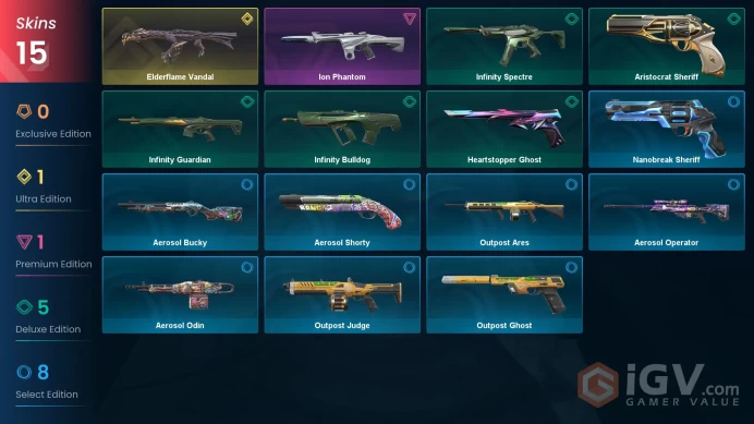AP | 15 skins | Elderflame Vandal | Ion Phantom | Aristocrat Sheriff | Infinity Spectre | Infinity Bulldog | Heartstopper Ghost | F8510
