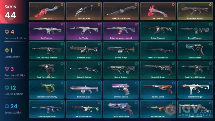 EU | 44 skins | Elderflame Vandal | Byteshift Knife | Gaia's Fury | Gaia's Wrath | Ion Vandal | Task Force 809 Knife | Ion Phantom | D6925