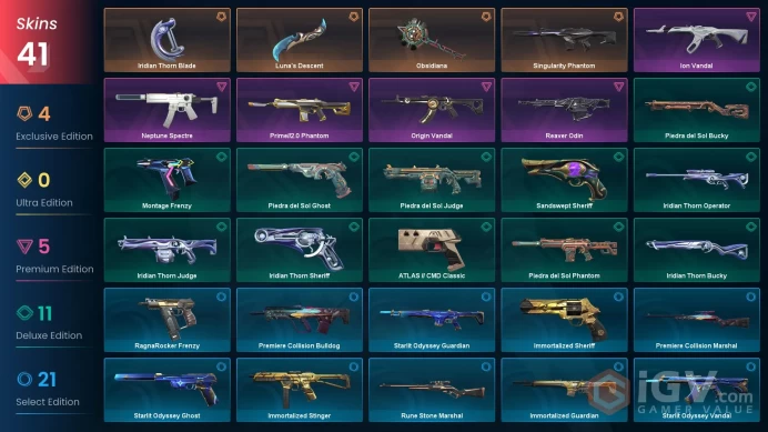 EU | 41 skins | Luna's Descent | Ion Vandal | Iridian Thorn Blade | Obsidiana | Singularity Phantom | Origin Vandal | Prime//2.0 Phantom | O4174