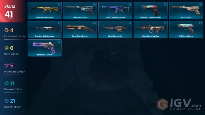 EU | 41 skins | Luna's Descent | Ion Vandal | Iridian Thorn Blade | Obsidiana | Singularity Phantom | Origin Vandal | Prime//2.0 Phantom | O4174