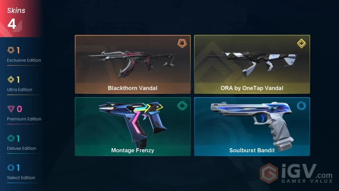 EU | 4 skins | ORA by OneTap Vandal | Blackthorn Vandal | Montage Frenzy | Soulburst Bandit | E7280