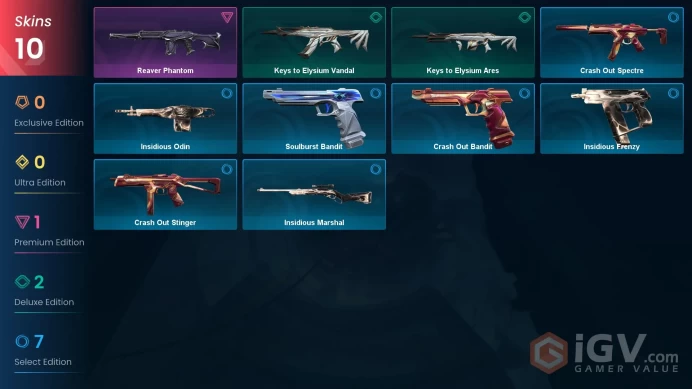 AP | 8 skins | Reaver Phantom | Keys to Elysium Ares | Insidious Frenzy | Crash Out Stinger | Crash Out Spectre | Soulburst Bandit | E3583