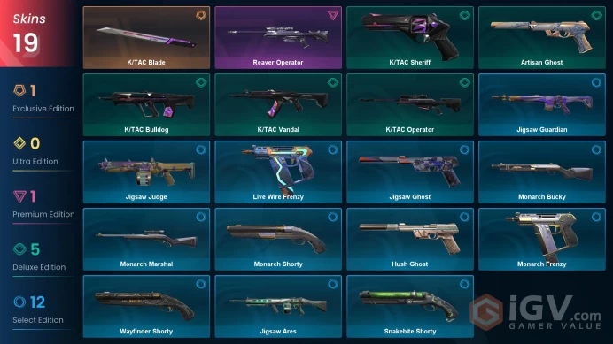 LA | 19 skins | K/TAC Blade | Reaver Operator | K/TAC Vandal | K/TAC Operator | K/TAC Bulldog | K/TAC Sheriff | Artisan Ghost | K6596