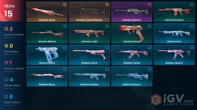 AP | 15 skins | Prelude to Chaos Phantom | Interhelm Sword | Forsaken Operator | Interhelm Phantom | Interhelm Judge | Interhelm Classic | A4536