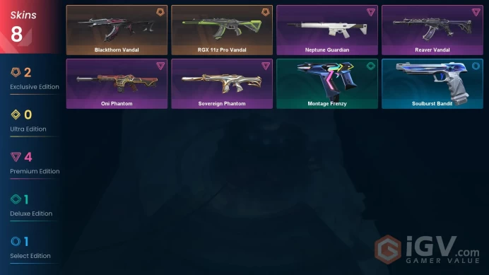 NA | 8 skins | RGX 11z Pro Vandal | Reaver Vandal | Sovereign Phantom | Oni Phantom | Neptune Guardian | Blackthorn Vandal | C5120
