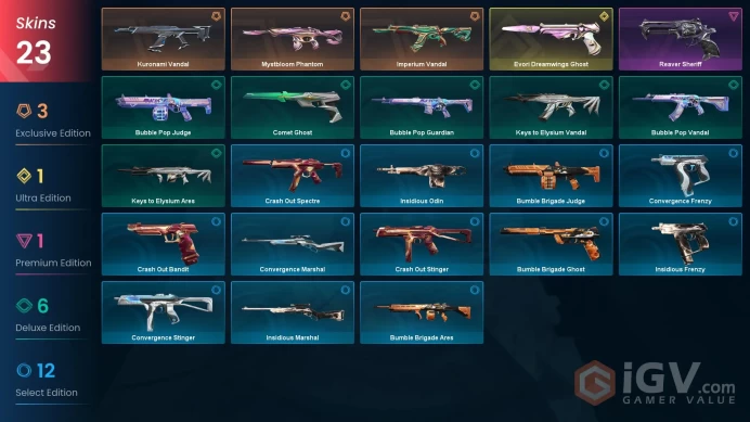 22 skins | Kuronami Vandal | Mystbloom Phantom | Imperium Vandal | Evori Dreamwings Ghost | Reaver Sheriff | Keys to Elysium Ares | Q8474