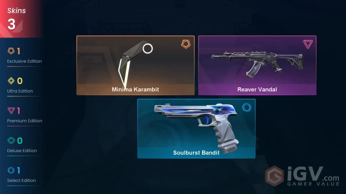 3 skins | Minima Karambit | Reaver Vandal | Soulburst Bandit | W4294