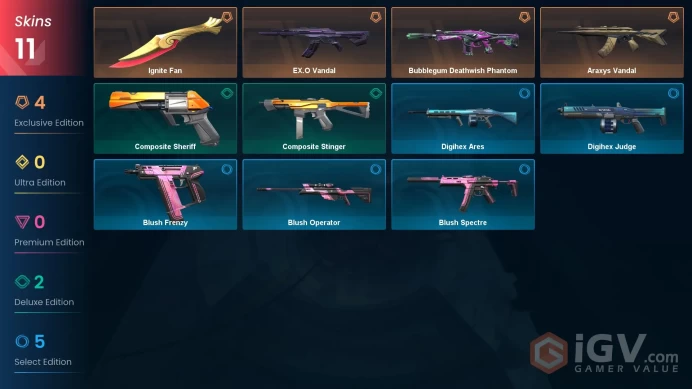 11 skins | EX.O Vandal | Araxys Vandal | Bubblegum Deathwish Phantom | Ignite Fan | Composite Sheriff | Composite Stinger | R8630