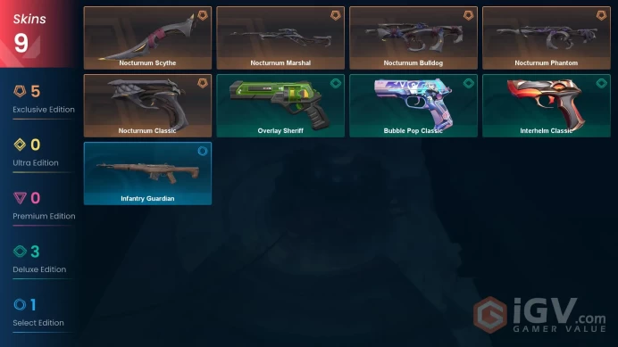 9 skins | Nocturnum Scythe | Nocturnum Phantom | Nocturnum Marshal | Nocturnum Classic | Nocturnum Bulldog | Bubble Pop Classic | P4212