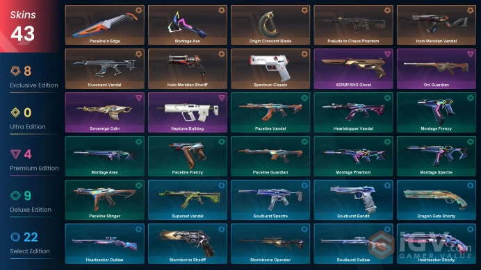 43 skins | Kuronami Vandal | Prelude to Chaos Phantom | Montage Axe | Origin Crescent Blade | Spectrum Classic | XERØFANG Ghost | Y4240
