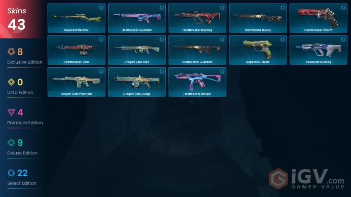 43 skins | Kuronami Vandal | Prelude to Chaos Phantom | Montage Axe | Origin Crescent Blade | Spectrum Classic | XERØFANG Ghost | Y4240