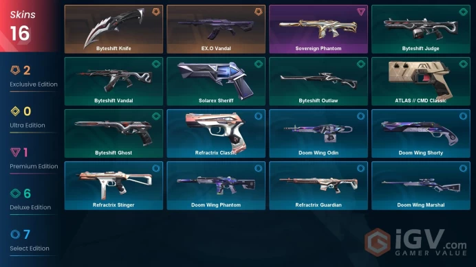 EU | 16 skins | EX.O Vandal | Byteshift Knife | Sovereign Phantom | Solarex Sheriff | Byteshift Outlaw | Byteshift Vandal | U6174