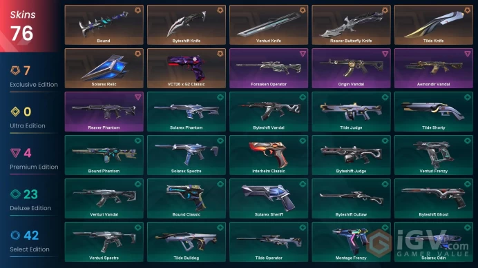 EU | 76 skins | Byteshift Knife | Venturi Knife | Tilde Knife | Solarex Relic | Bound | Reaver Phantom | Aemondir Vandal | Origin Vandal | D8964