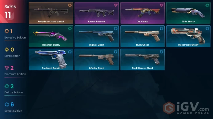 EU | 11 skins | Prelude to Chaos Vandal | Reaver Phantom | Oni Vandal | Tilde Shorty | Transition Shorty | Digihex Ghost | M1738