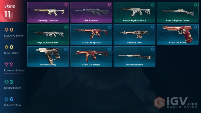 EU | 10 skins | Bolt Phantom | Sovereign Guardian | Keys to Elysium Ares | Keys to Elysium Vandal | Insidious Marshal | H5389