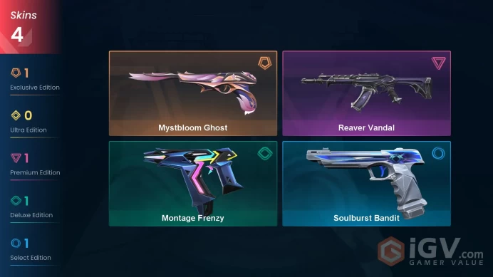 EU | 4 skins | Reaver Vandal | Mystbloom Ghost | Montage Frenzy | Soulburst Bandit | G1904