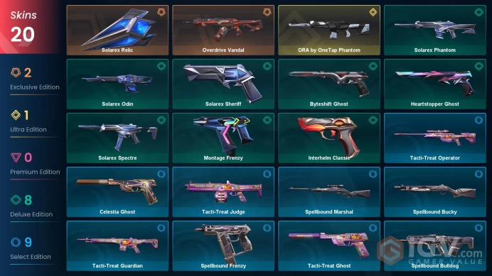 AP | 20 skins | ORA by OneTap Phantom | Overdrive Vandal | Solarex Relic | Interhelm Classic | Solarex Odin | Montage Frenzy | J3847