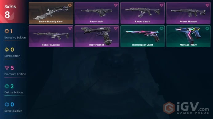 EU | 8 skins | Reaver Vandal | Reaver Phantom | Reaver Guardian | Reaver Odin | Reaver Butterfly Knife | Reaver Bandit | A9786