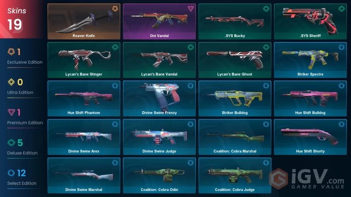 AP | 19 skins | Reaver Knife | Oni Vandal | .SYS Bucky | Lycan's Bane Vandal | Lycan's Bane Ghost | Lycan's Bane Stinger | .SYS Sheriff | H8134