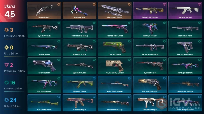 LA | 45 skins | Byteshift Knife | Montage Axe | Hieroscape Blades | Prime//2.0 Phantom | Neptune Vandal | Montage Spectre | D7660