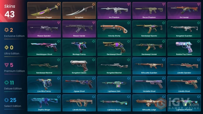 AP | 43 skins | Reaver Vandal | Sandswept Dagger | Songsteel | Oni Vandal | Recon Phantom | Ion Phantom | Reaver Operator | P5585