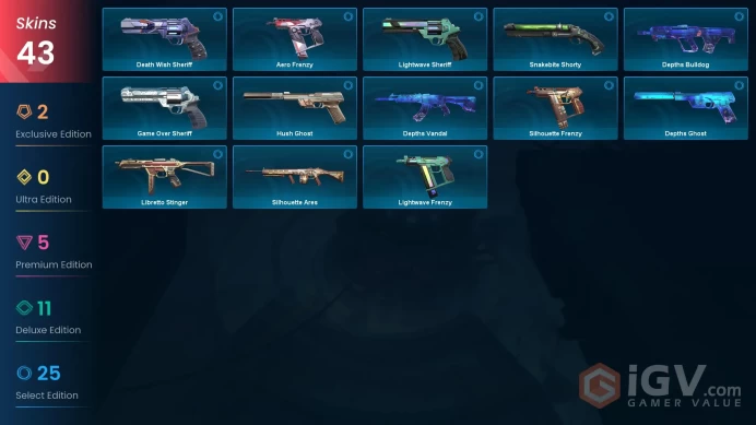 AP | 43 skins | Reaver Vandal | Sandswept Dagger | Songsteel | Oni Vandal | Recon Phantom | Ion Phantom | Reaver Operator | P5585