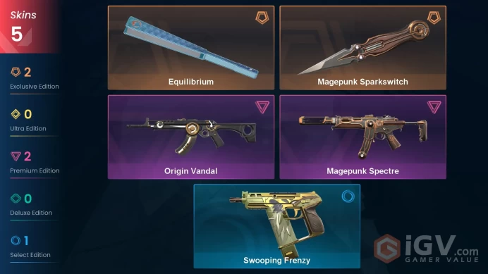 EU | 5 skins | Magepunk Sparkswitch | Equilibrium | Origin Vandal | Magepunk Spectre | Swooping Frenzy | C5799
