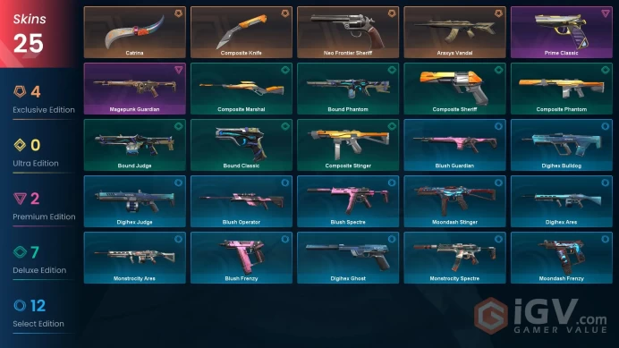 NA | 25 skins | Neo Frontier Sheriff | Araxys Vandal | Composite Knife | Catrina | Magepunk Guardian | Prime Classic | Composite Marshal | M1963