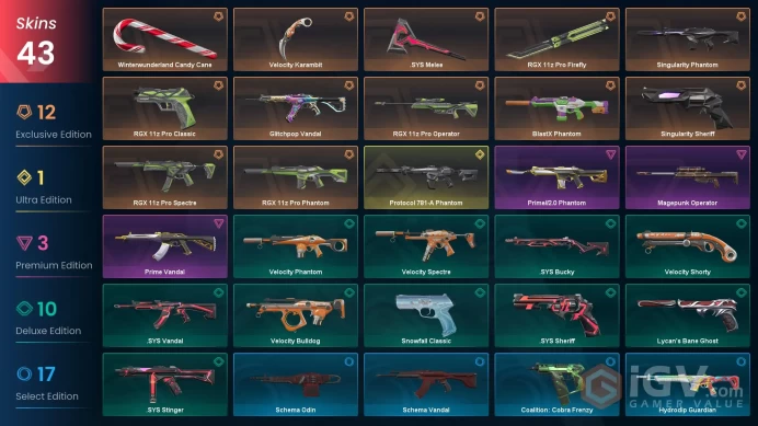 NA | 43 skins | RGX 11z Pro Firefly | Protocol 781-A Phantom | RGX 11z Pro Phantom | BlastX Phantom | Glitchpop Vandal | Prime Vandal | B6222