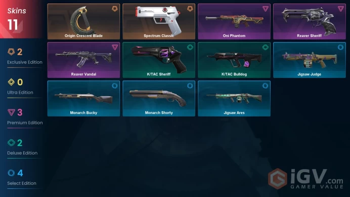 EU | 11 skins | Reaver Vandal | Origin Crescent Blade | Oni Phantom | Spectrum Classic | Reaver Sheriff | K/TAC Sheriff | K/TAC Bulldog | K1536