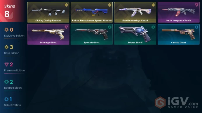 NA | 8 skins | Radiant Entertainment System Phantom | Evori Dreamwings Vandal | ORA by OneTap Phantom | Gaia's Vengeance Vandal | F6556
