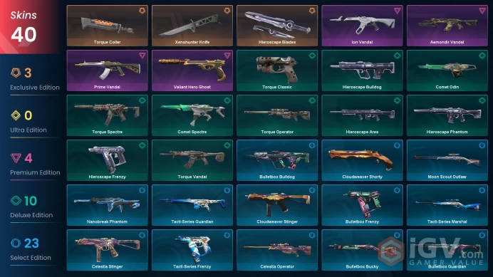 EU | 40 skins | Xenohunter Knife | Prime Vandal | Ion Vandal | Torque Coiler | Hieroscape Blades | Aemondir Vandal | Valiant Hero Ghost | A6430
