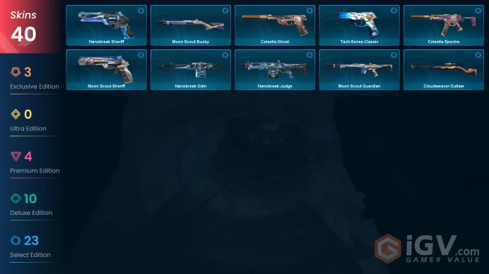 EU | 40 skins | Xenohunter Knife | Prime Vandal | Ion Vandal | Torque Coiler | Hieroscape Blades | Aemondir Vandal | Valiant Hero Ghost | A6430