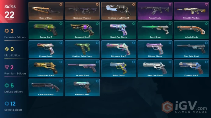 EU | 22 skins | Blade of Chaos | Nocturnum Phantom | Reaver Vandal | Prime//2.0 Phantom | Sentinels of Light Sheriff | Sandswept Sheriff | H6872
