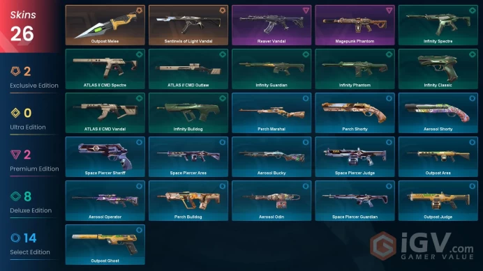 LA | 26 skins | Sentinels of Light Vandal | Reaver Vandal | Outpost Melee | Magepunk Phantom | Infinity Bulldog | Infinity Guardian | M6214