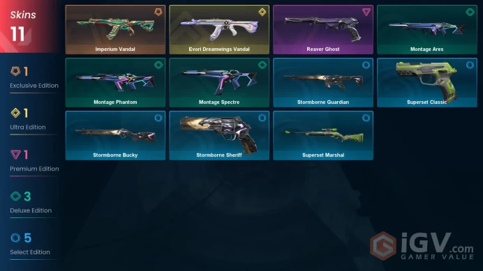 NA | 11 skins | Evori Dreamwings Vandal | Imperium Vandal | Reaver Ghost | Montage Phantom | Montage Ares | Montage Spectre | Z5993