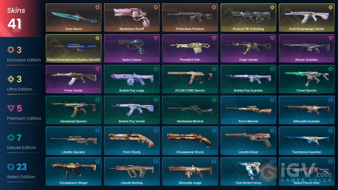 EU | 41 skins | Radiant Entertainment System Operator | Evori Dreamwings Vandal | Primordium Phantom | Prime Vandal | Orion Sword | H3361