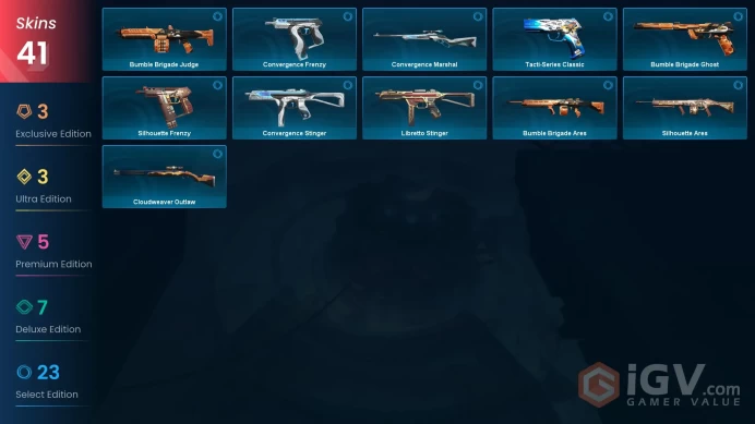 EU | 41 skins | Radiant Entertainment System Operator | Evori Dreamwings Vandal | Primordium Phantom | Prime Vandal | Orion Sword | H3361