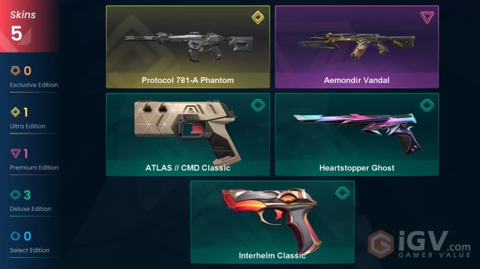 LA | 5 skins | Protocol 781-A Phantom | Aemondir Vandal | Heartstopper Ghost | ATLAS // CMD Classic | Interhelm Classic | B1003